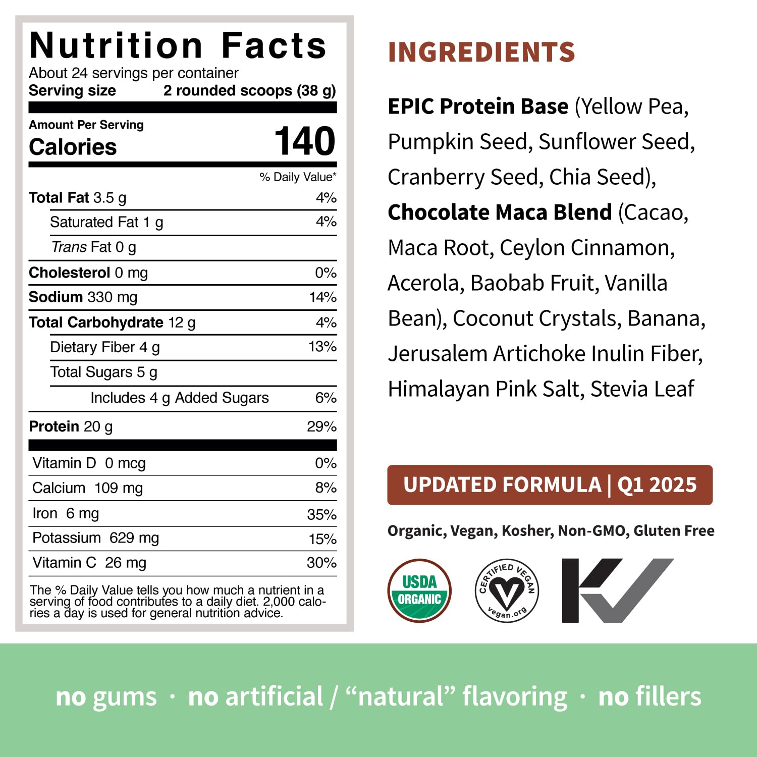 Epic Protein bag label emphasizes 20 g vegan protein per serving.