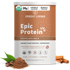 Sprout Living Epic Protein bottle with chocolate maca shows plant-based protein at a glance.