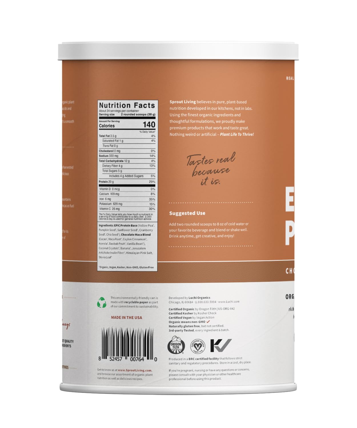 Ingredients panel on Epic Protein packaging highlights clean, non-GMO plant sources.
