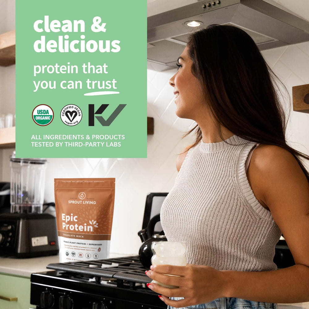 Creamy swirl of Sprout Living Epic Protein Chocolate Maca powder in a glass.