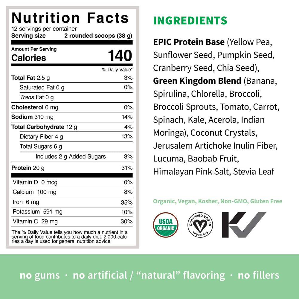 Close-up of Green Kingdom greens blend with kale, moringa, and spirulina.