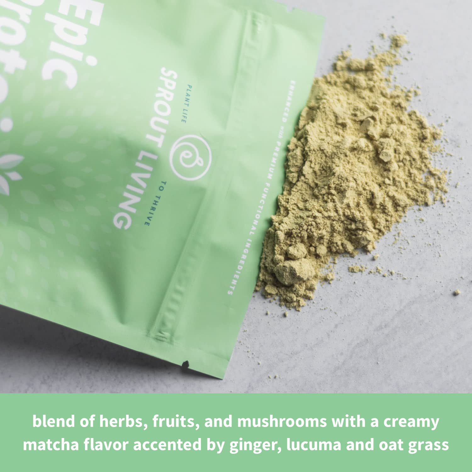 Sprout Living Epic Protein Mindful Matcha ingredients close up with adaptogens