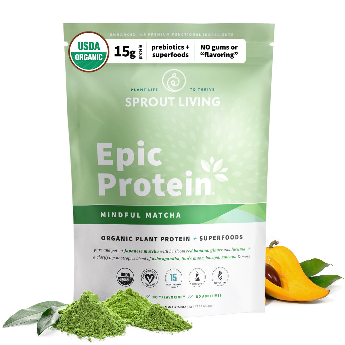 Sprout Living Epic Protein Mindful Matcha label front highlights clean ingredients for daily nutrition