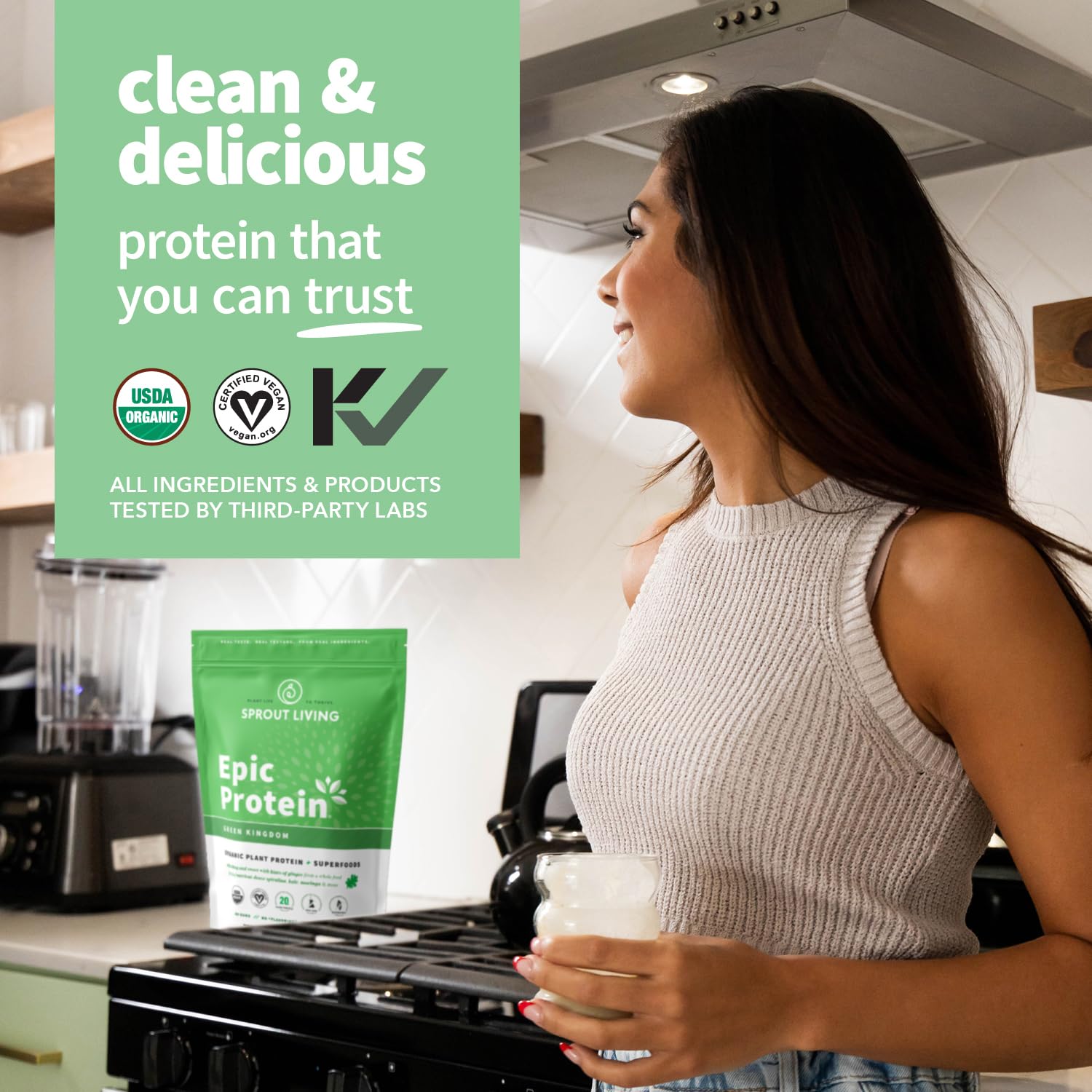 Pouring Sprout Living Epic Protein into a smoothie to boost 20g of protein and greens.