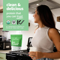 Pouring Sprout Living Epic Protein into a smoothie to boost 20g of protein and greens.