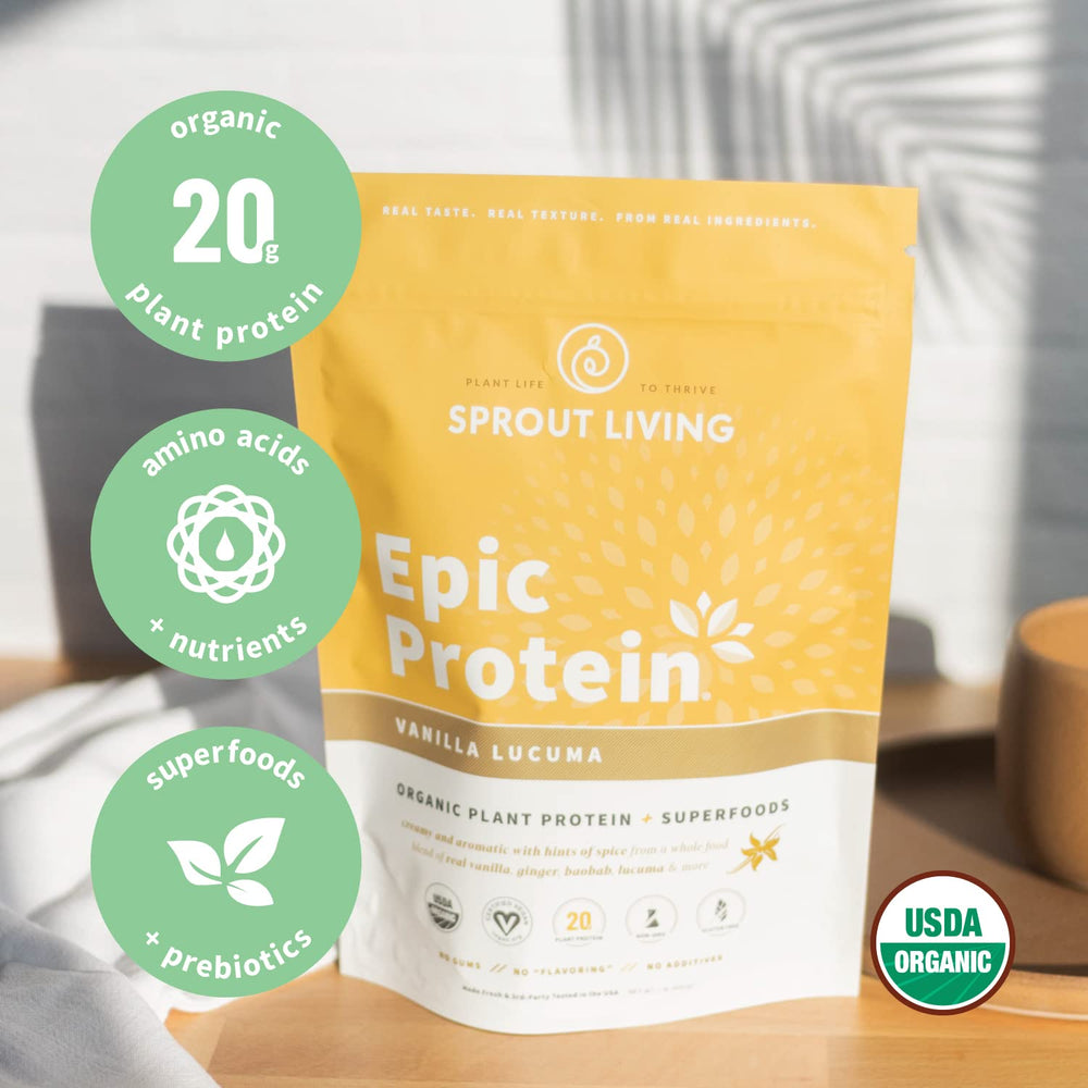 Close-up glass of Epic Protein shake emphasizing clean, artificial-free formula