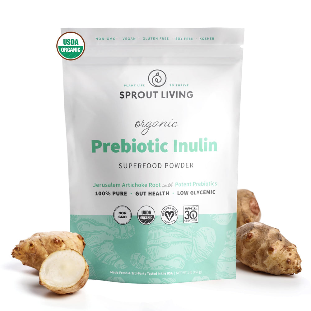 Sprout Living Organic Inulin Powder in a jar showing premium prebiotic fiber