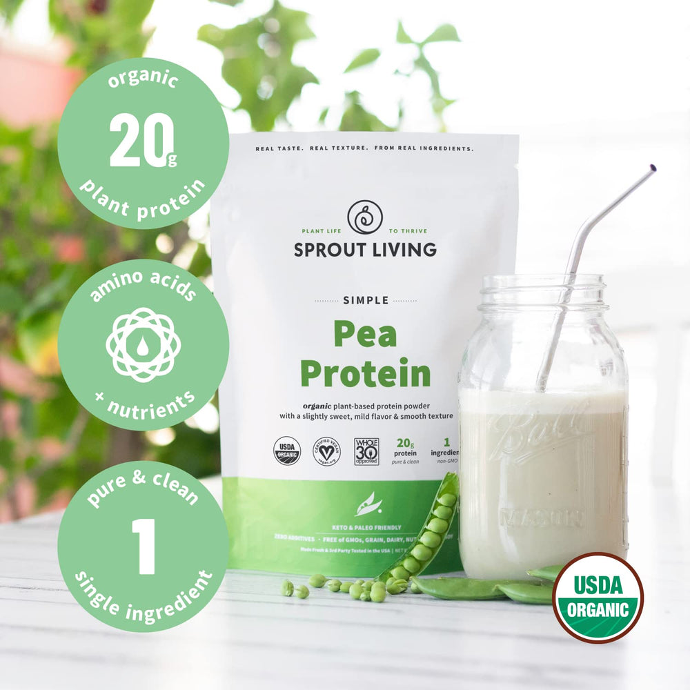 Sprout Living pea protein powder package opened shows easy scoop and mixing