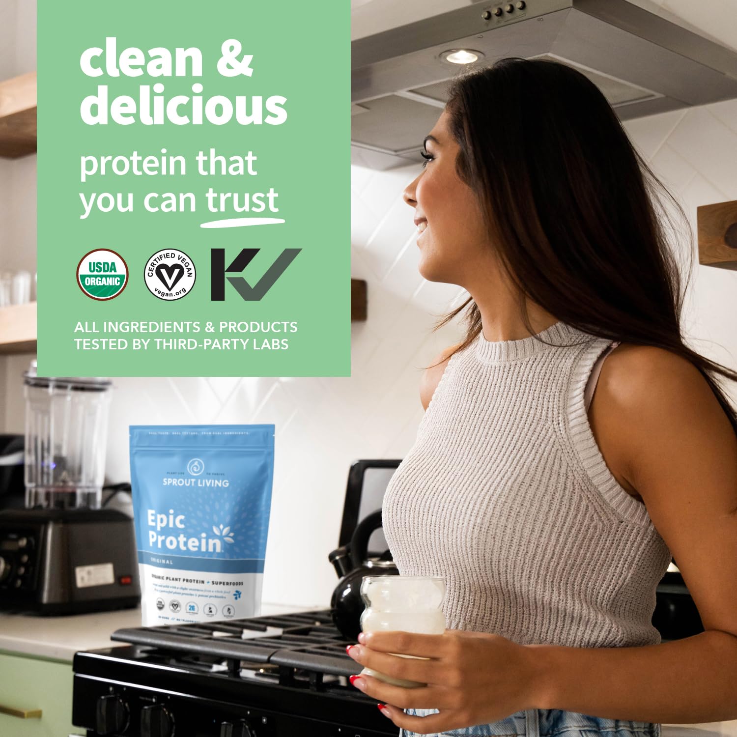 Sprout Living Protein Original scoop highlighting easy portion for workouts and smoothies.