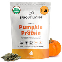 Sprout Living pumpkin seed protein bottle on kitchen shelf signaling premium organic nutrition.