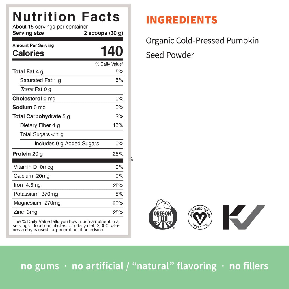 Open Sprout Living pumpkin seed protein bag reveals light powder for clean ingredients.