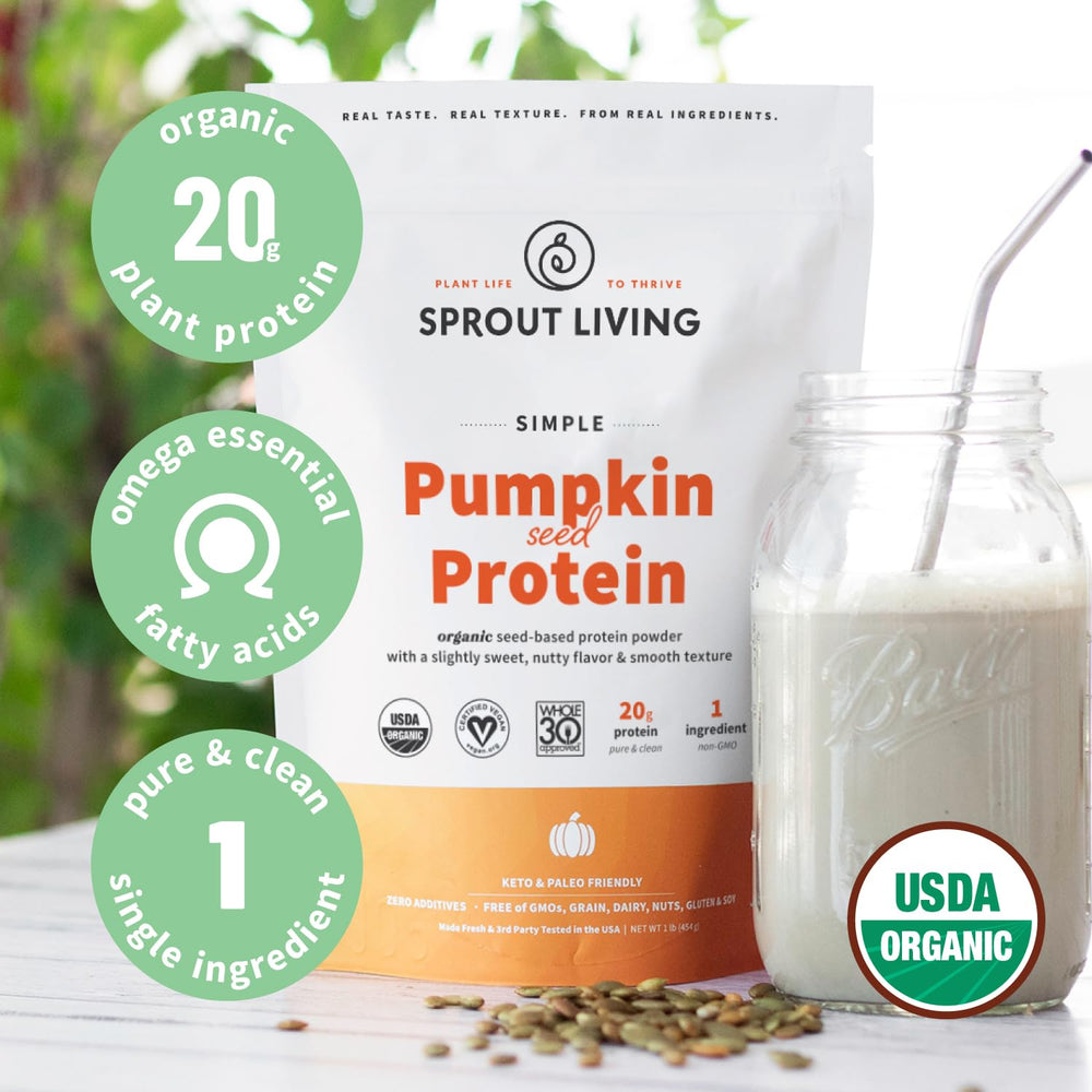 Close-up of Sprout Living pumpkin seed protein texture for versatile cooking and blending.