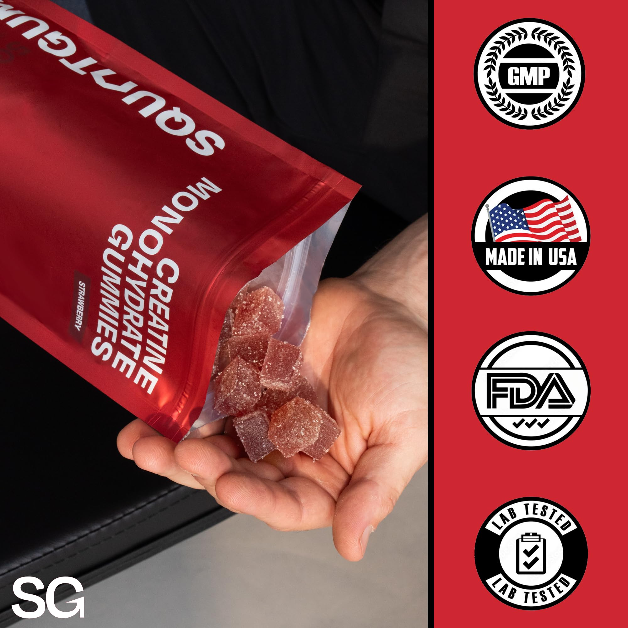 SquatGummi 30-day supply packaging communicates value and ongoing training support.