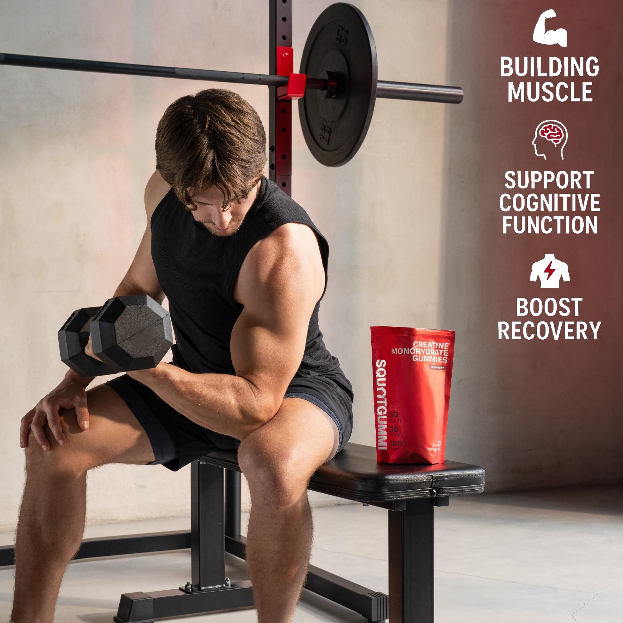 SquatGummi active gym scene shows use during workouts and recovery.
