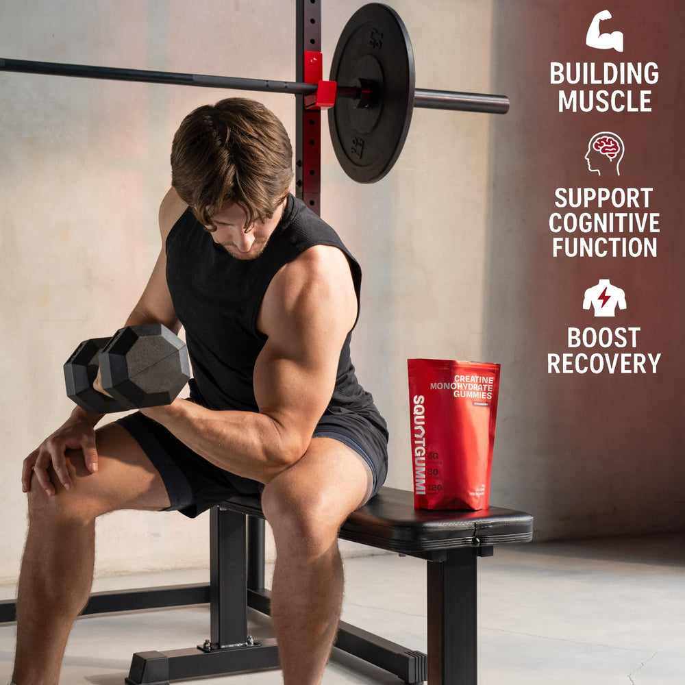 SquatGummi active gym scene shows use during workouts and recovery.