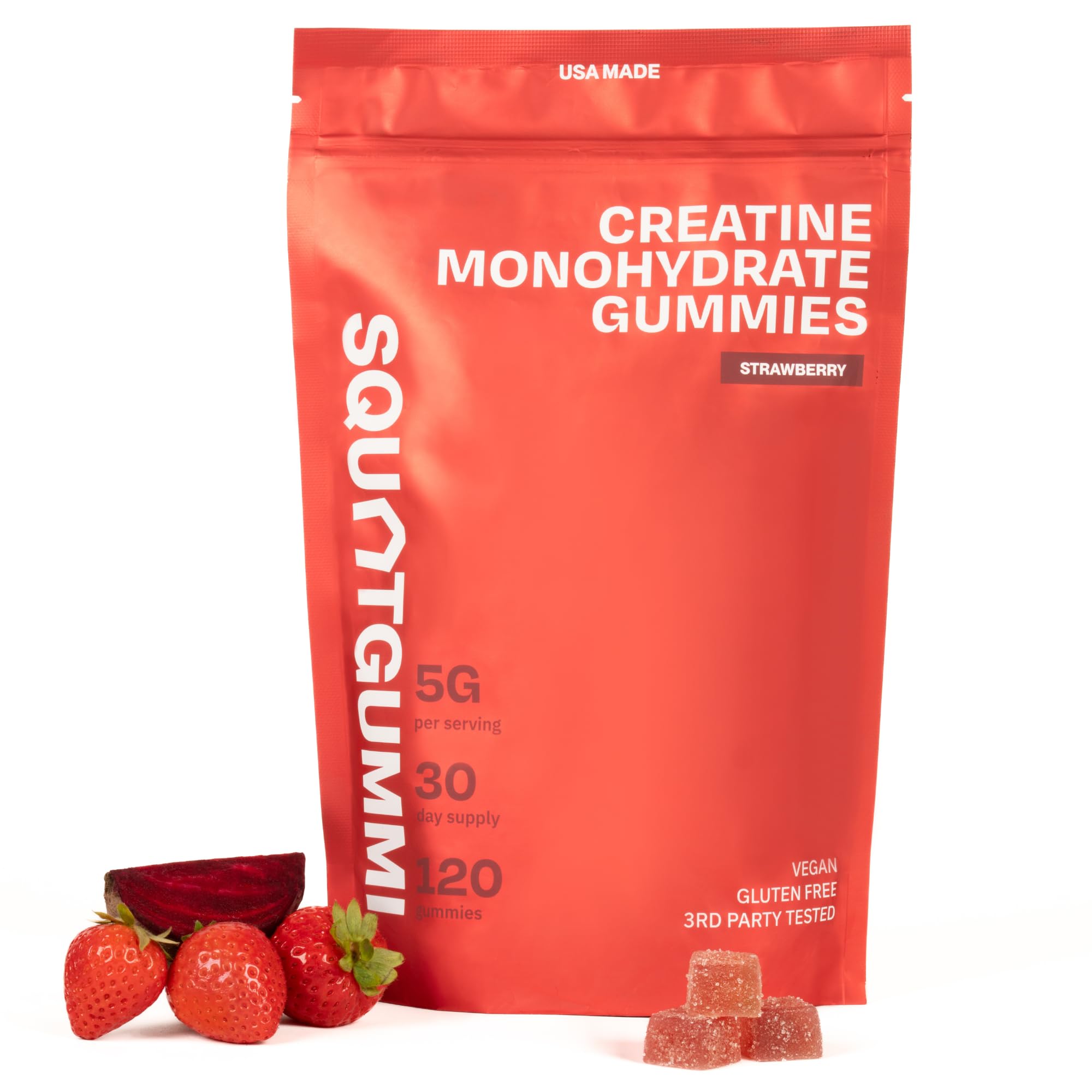 SquatGummi creatine gummies bottle front shows convenient daily dose for workouts.