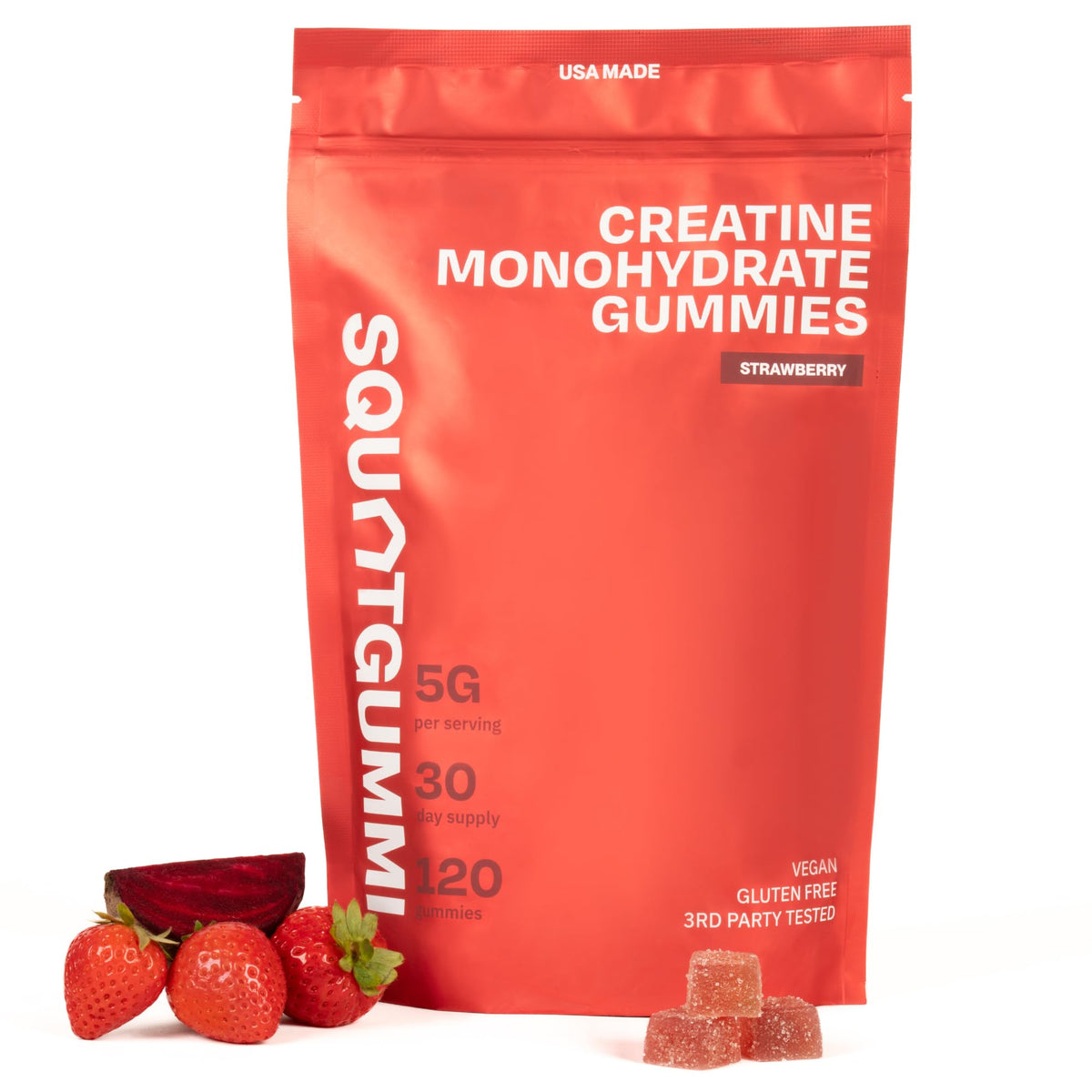 SquatGummi creatine gummies bottle front shows convenient daily dose for workouts.