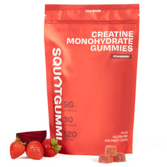 SquatGummi creatine gummies bottle front shows convenient daily dose for workouts.