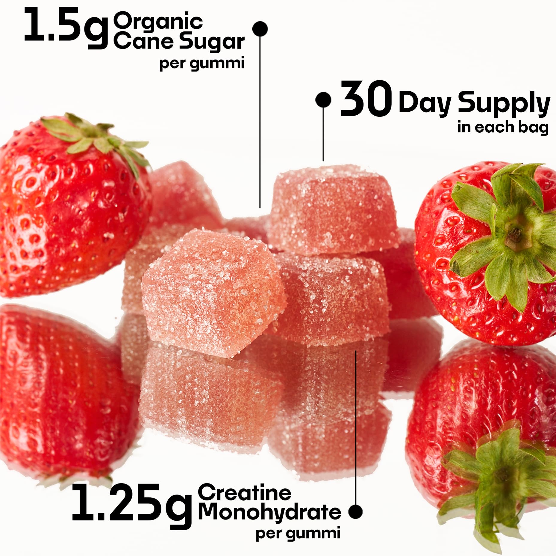 SquatGummi creatine gummies strawberry close-up emphasizes tasty flavor and easy supplementation.