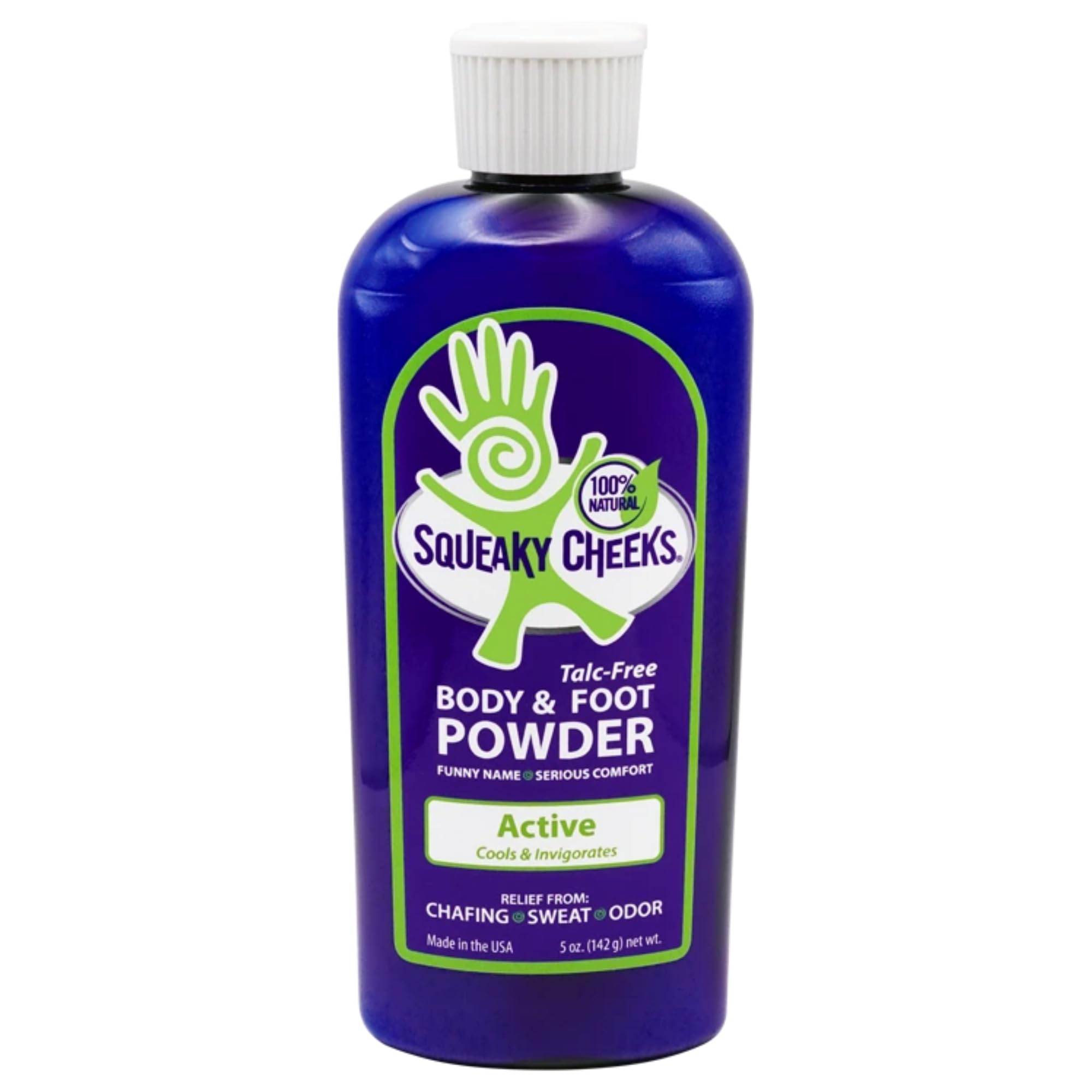Squeaky Cheeks foot powder bottle shows all-natural formula for daily dryness
