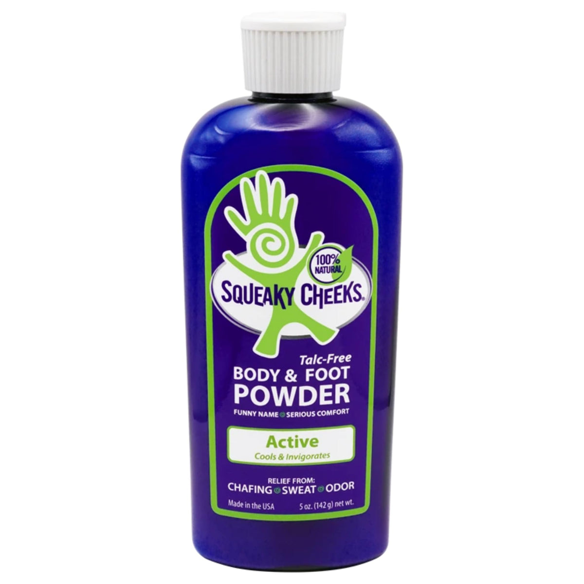 Squeaky Cheeks foot powder bottle shows all-natural formula for daily dryness