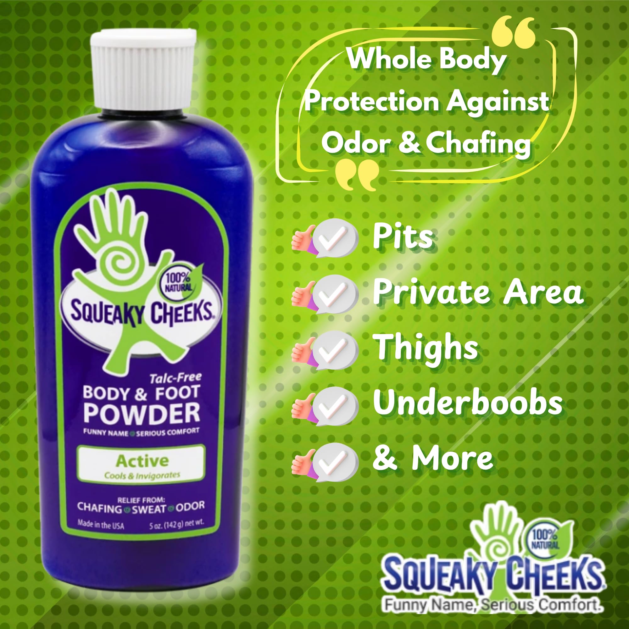 Squeaky Cheeks powder dusting feet demonstrates dryness and comfort after workouts