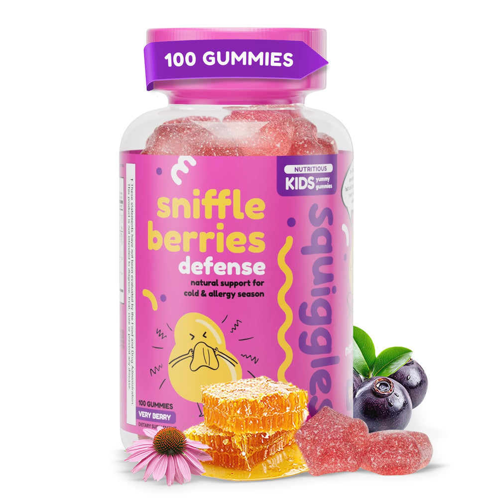 Squiggles Sniffle Berries bottle of elderberry gummies for kids immune support.