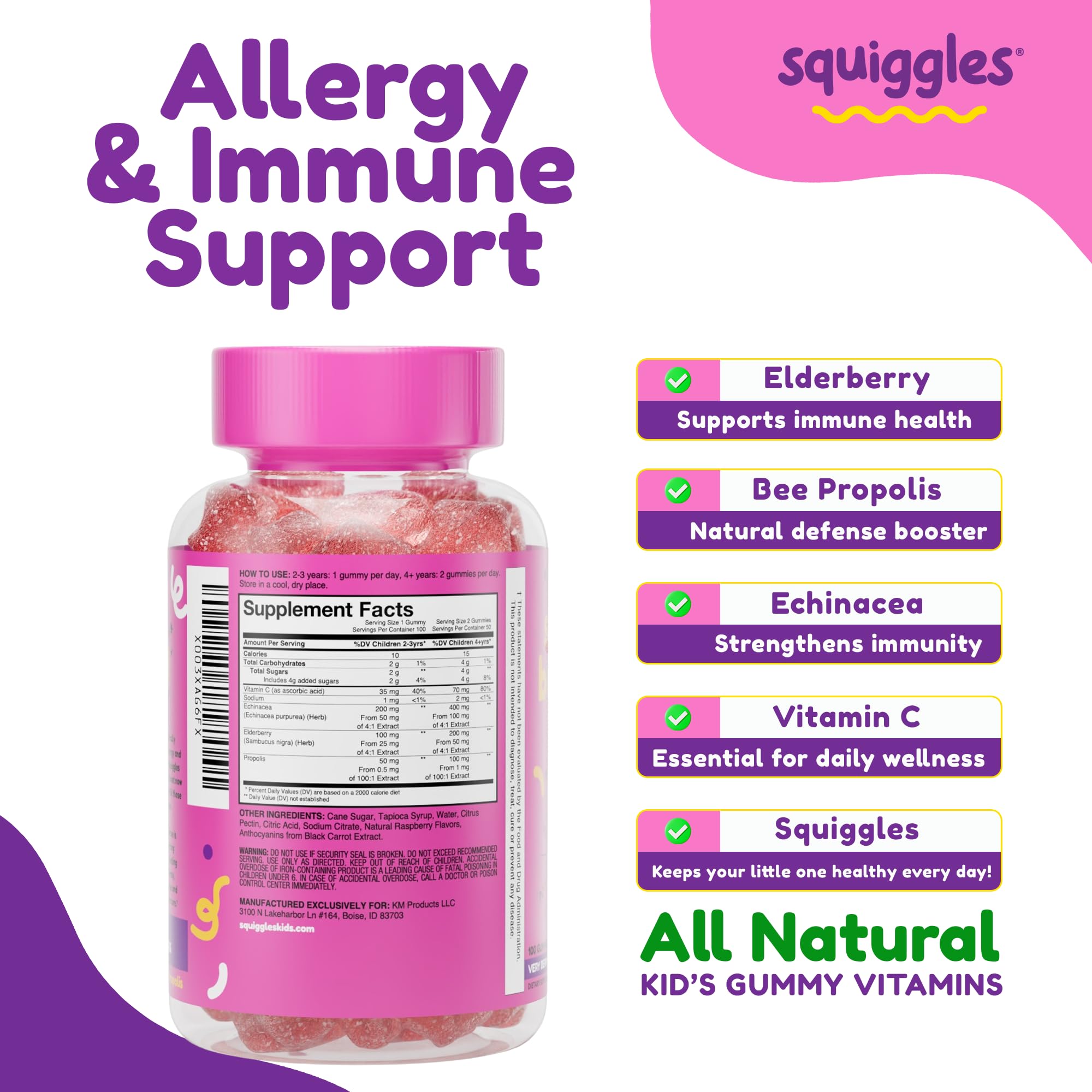 Squiggles Sniffle Berries gummies with echinacea shown.