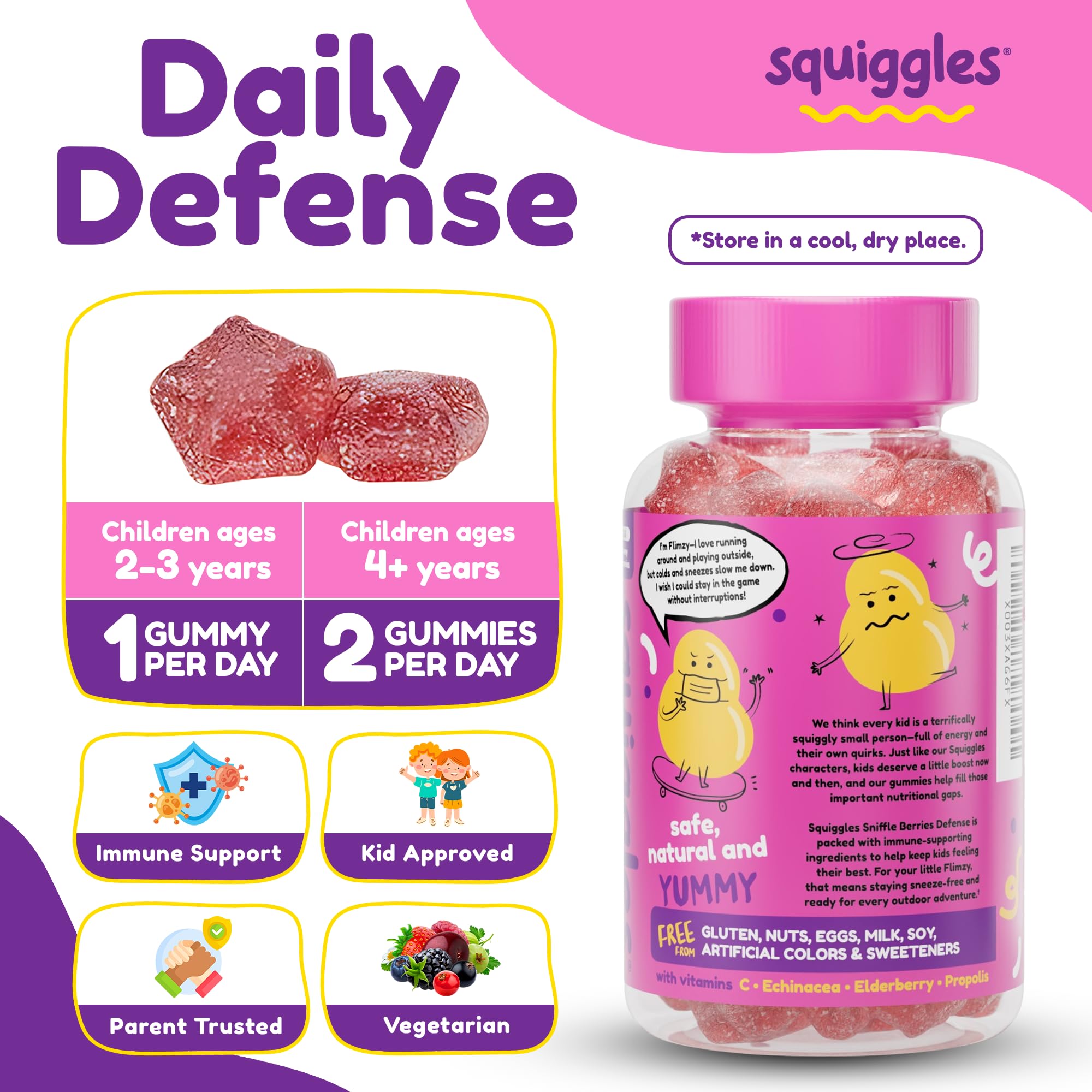 Squiggles Sniffle Berries elderberry gummy with propolis visuals.