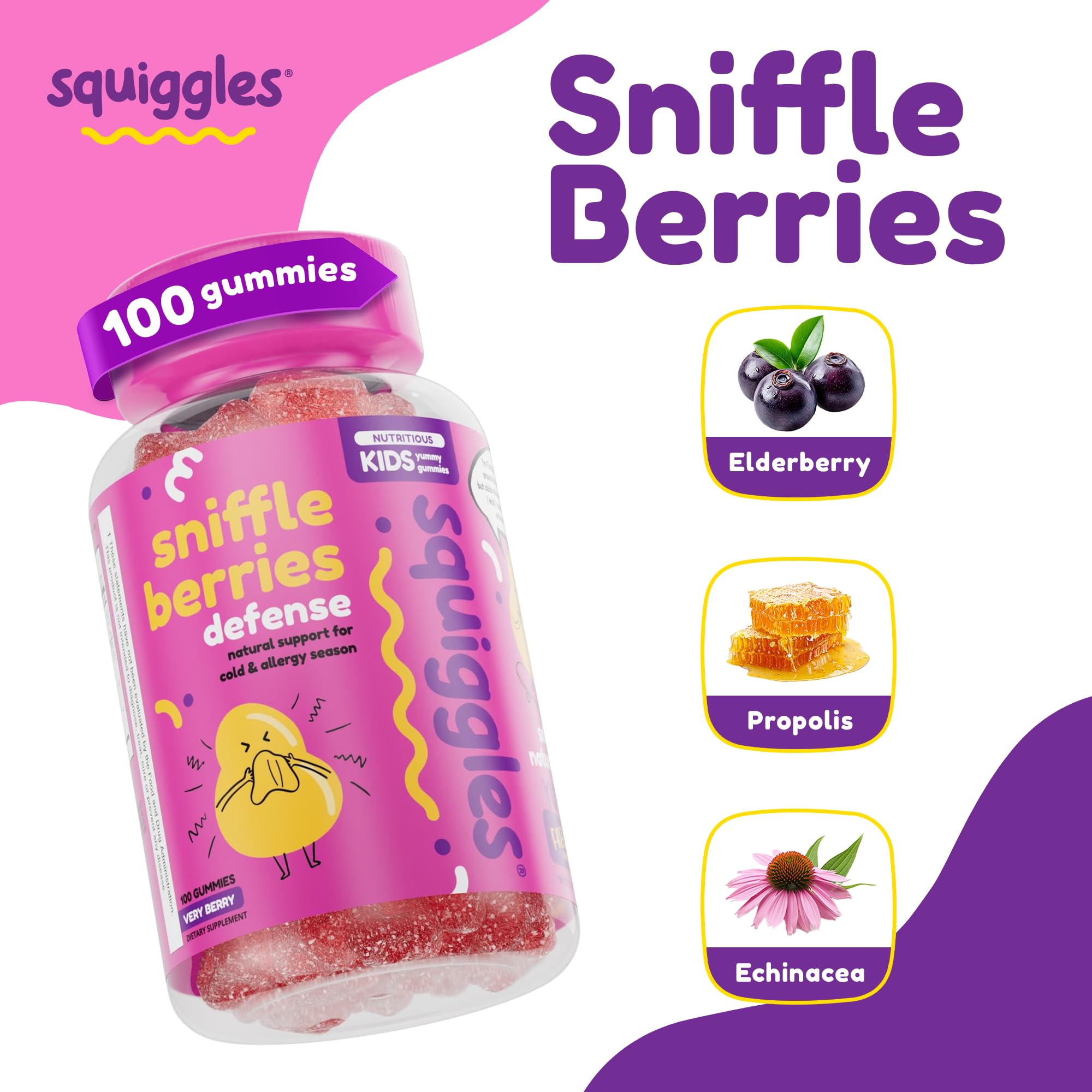 Close-up of Squiggles Sniffle Berries gummies showing chewy kid-friendly texture.