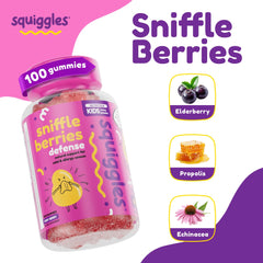Close-up of Squiggles Sniffle Berries gummies showing chewy kid-friendly texture.