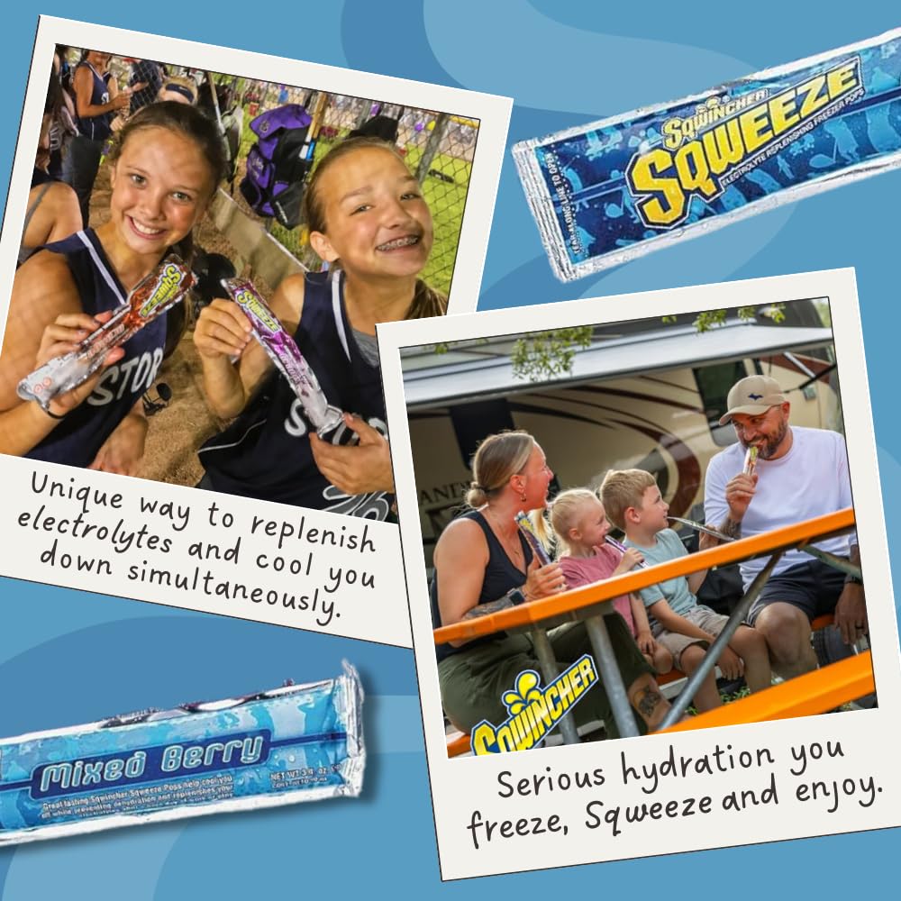 Close-up of Sqwincher Sqweeze electrolyte pops cooling during outdoor activities.