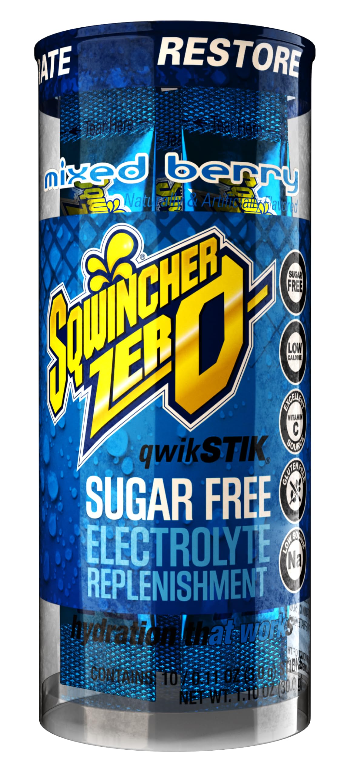 Sqwincher Zero Qwik Stik strawberry lemonade packet refreshing flavor with low calories.