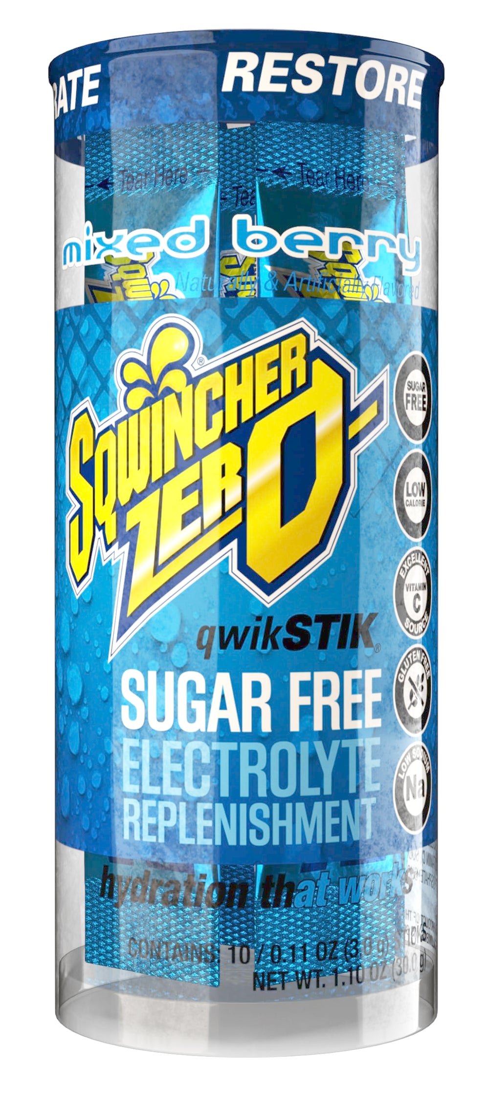 Sqwincher Zero Qwik Stik strawberry lemonade packet refreshing flavor with low calories.