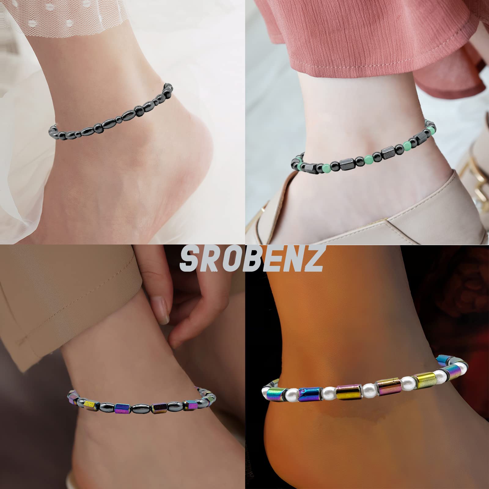SROBENZ black obsidian anklet close-up shows shiny stones and smooth texture.