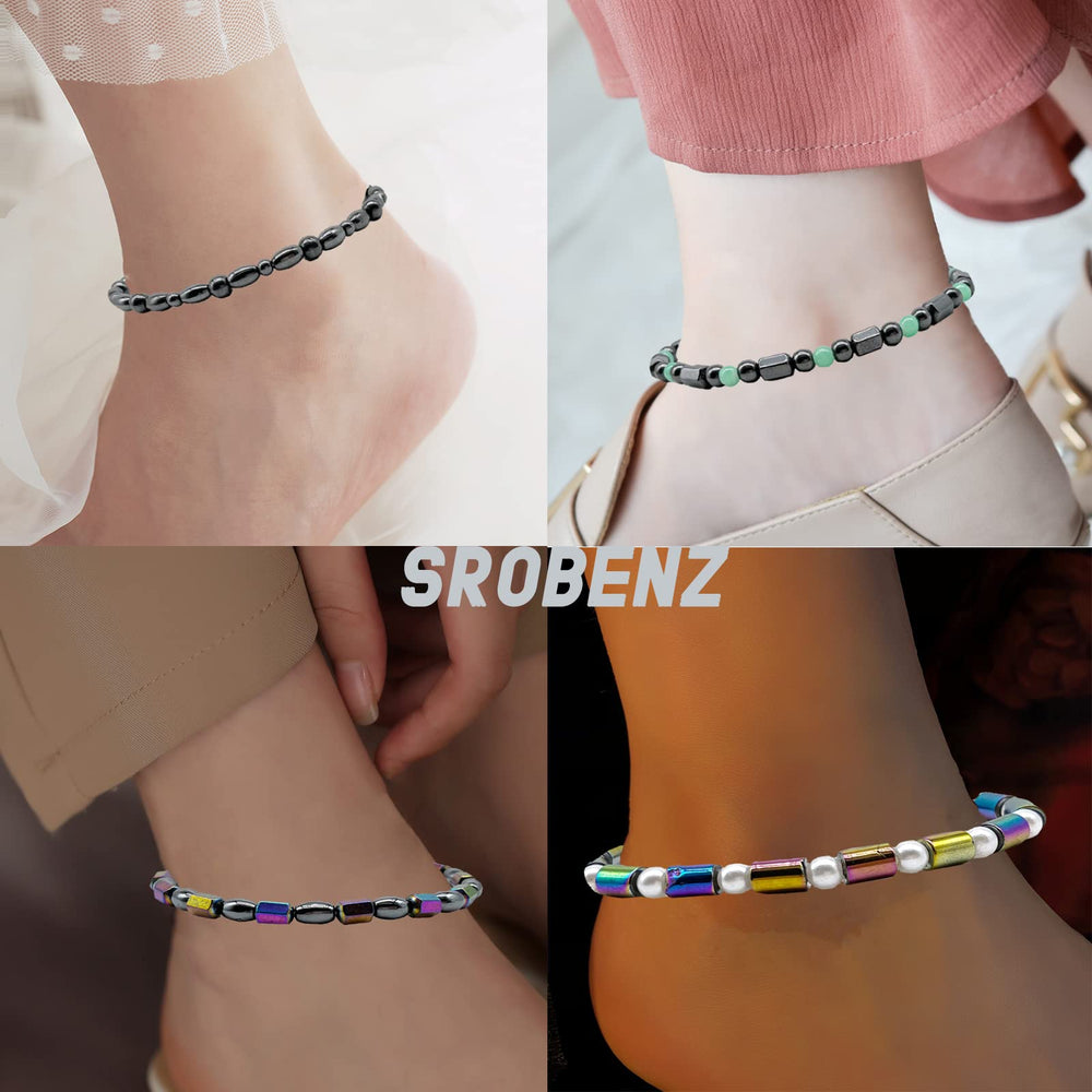 SROBENZ black obsidian anklet close-up shows shiny stones and smooth texture.