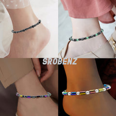 SROBENZ black obsidian anklet close-up shows shiny stones and smooth texture.