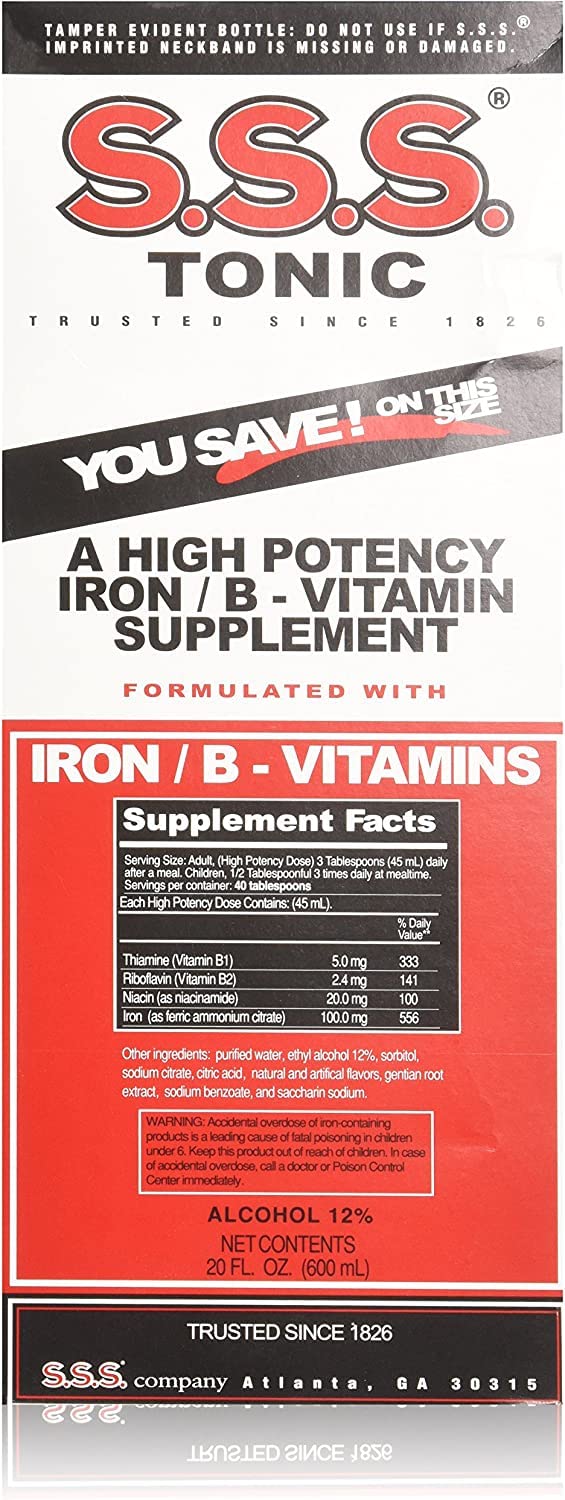 S.S.S. CO tonic liquid bottle shows iron-rich formula for energy support.