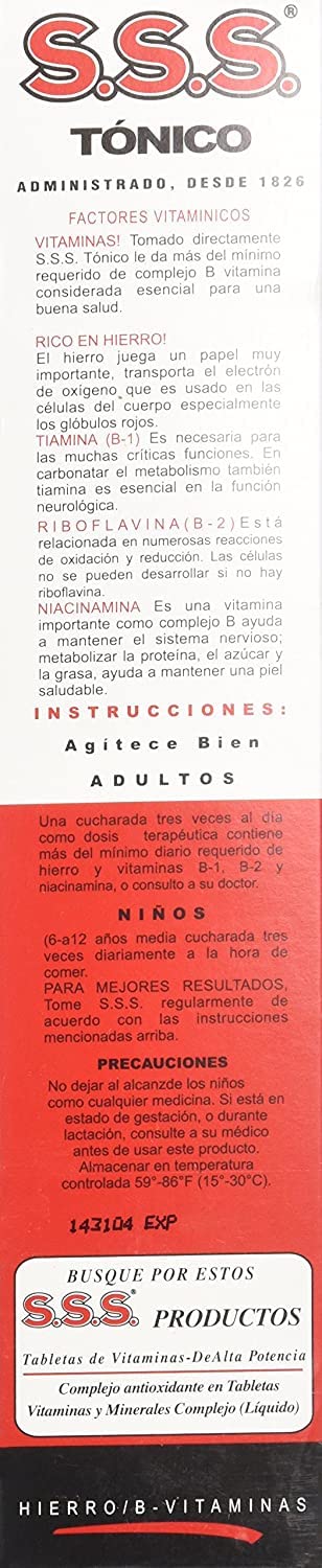 S.S.S. CO tonic liquid ingredient list emphasizes vitamins and iron.