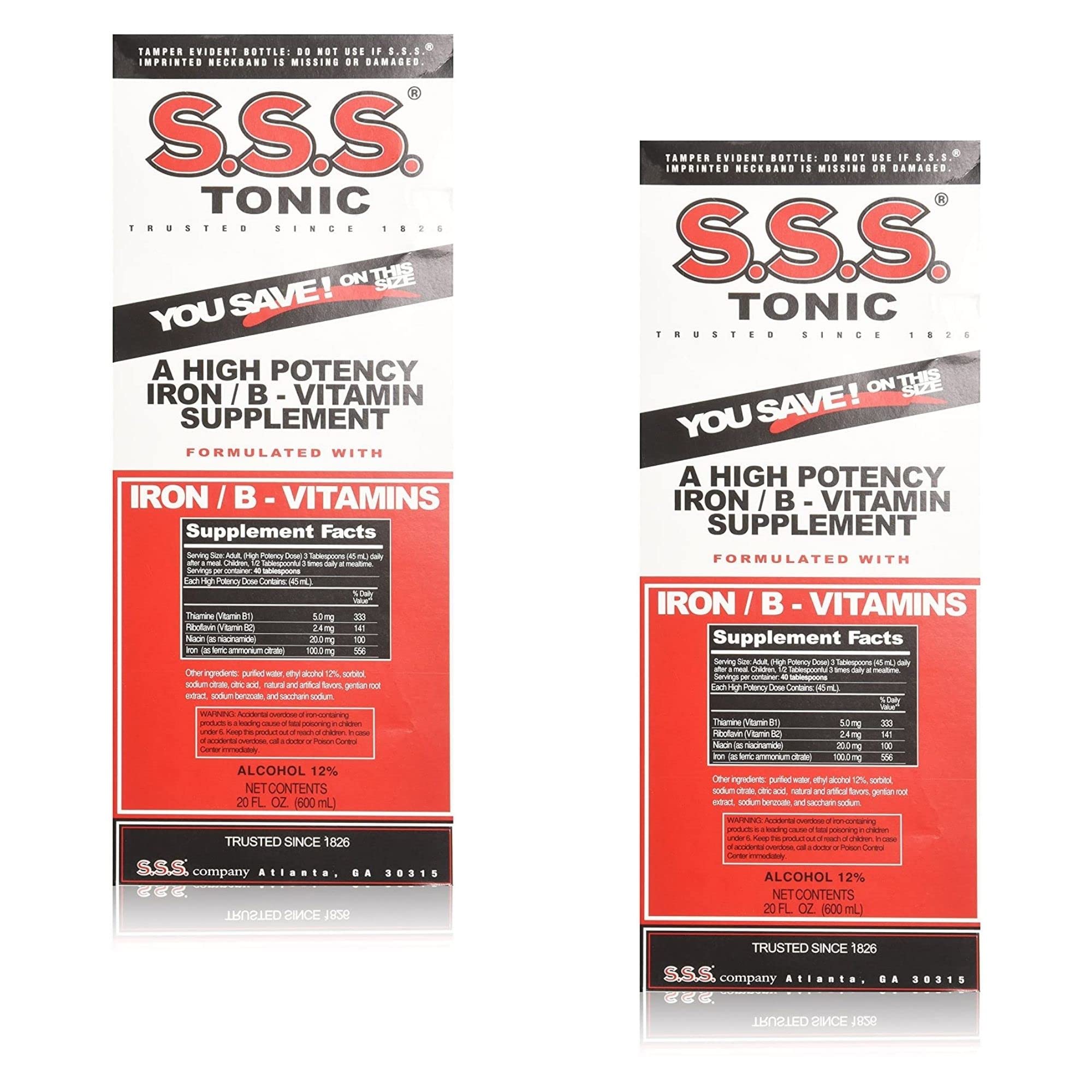 S.S.S. Tonic bottle being poured, iron and B vitamins for energy support.