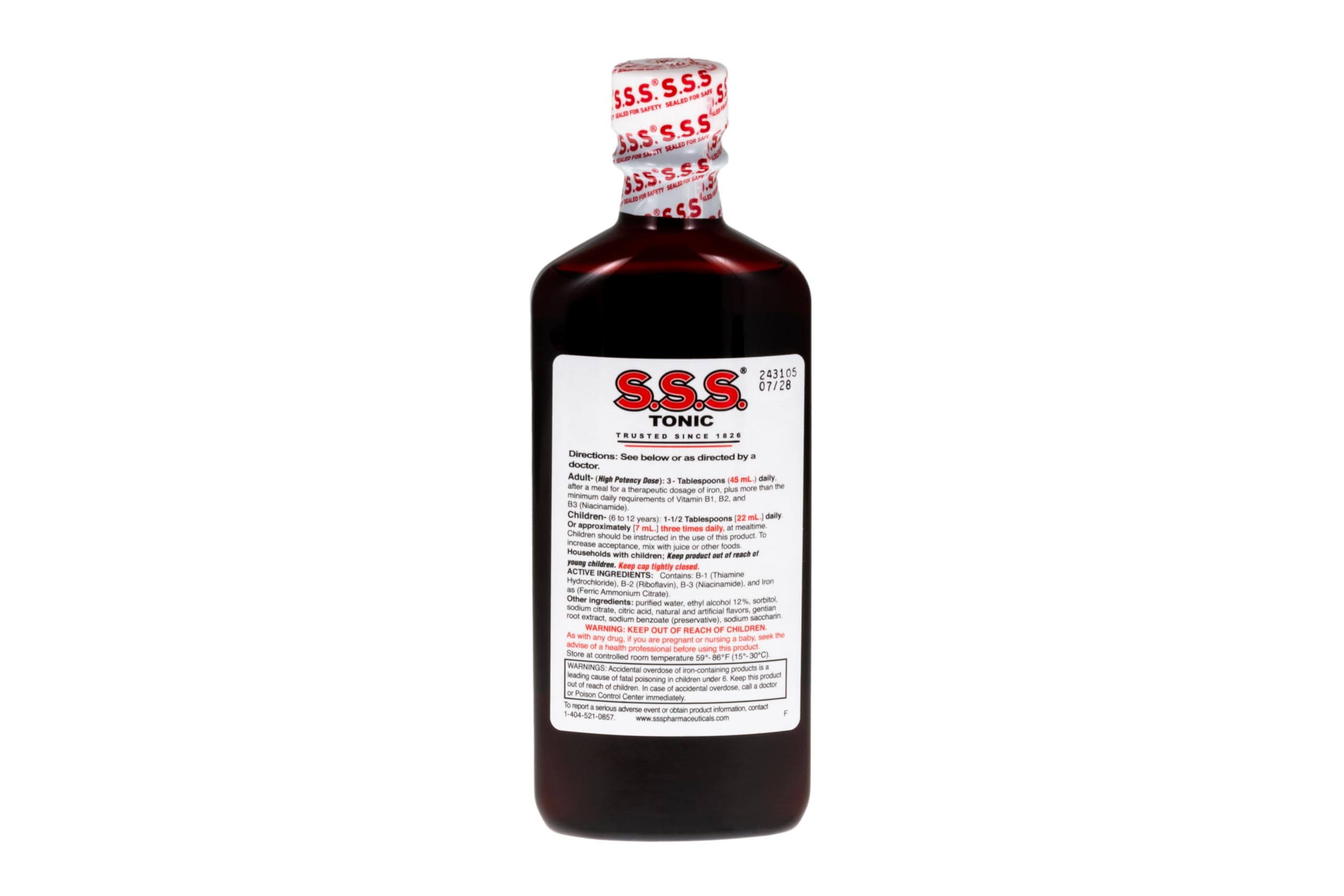 S.S.S. Tonic label emphasizes high-potency vitamins in a convenient liquid form.