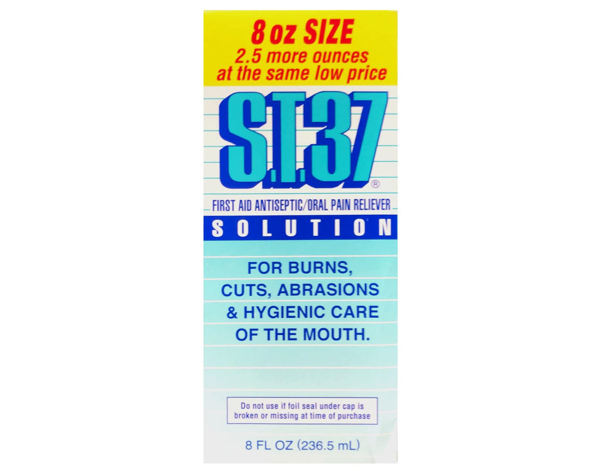 S&T INC ST 37 antiseptic solution bottle shown for minor wound care