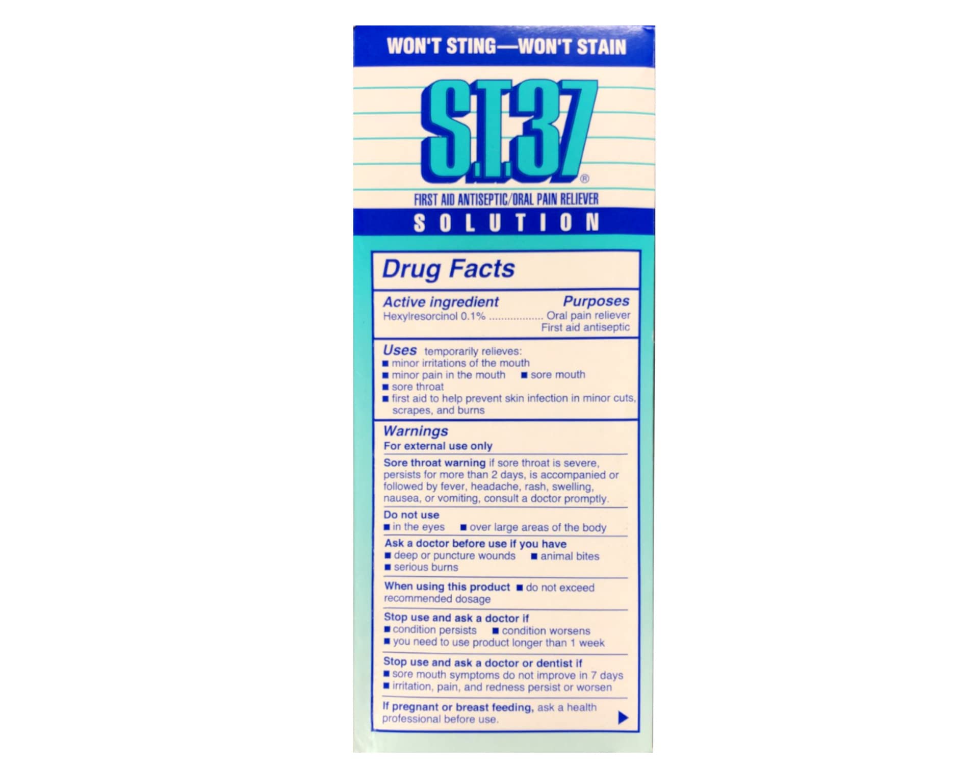 Close-up of ST 37 label on antiseptic bottle for quick first aid