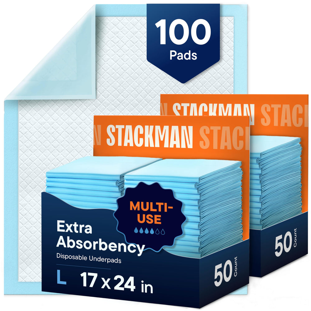 Stack Man Chucks Pads 100-pack main image showing disposable underpads for protection.