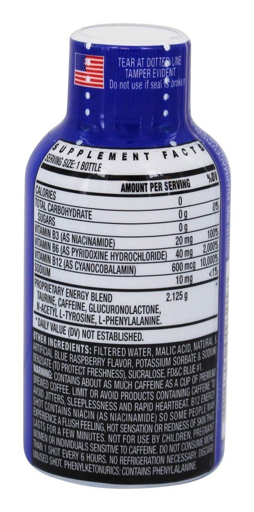 Stacker 2 Blue Raspberry energy shot label highlights flavor and caffeine