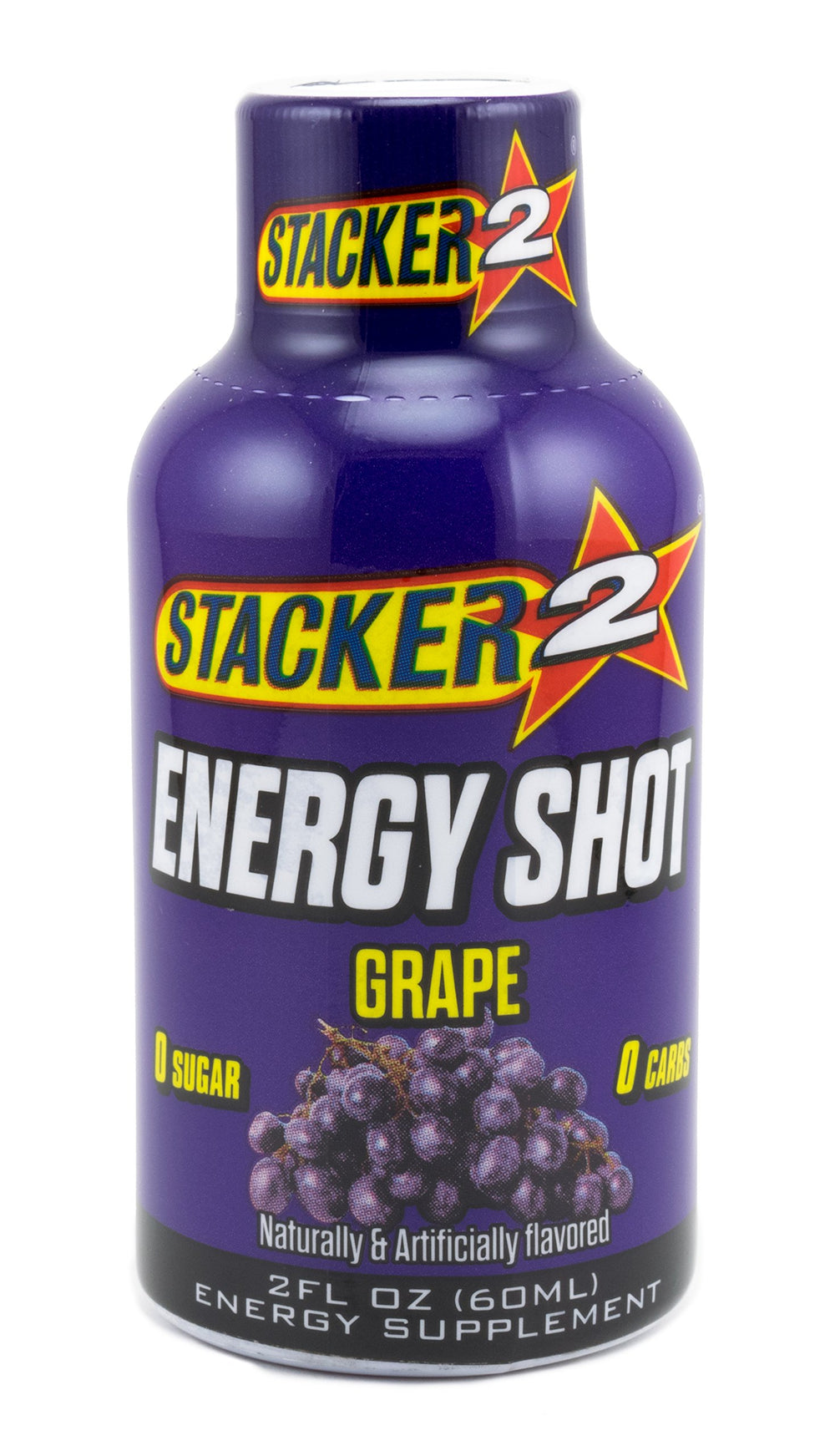 Stacker 2 Energy Shot Grape packaging highlighting factory-sealed freshness and 24-bottle value.
