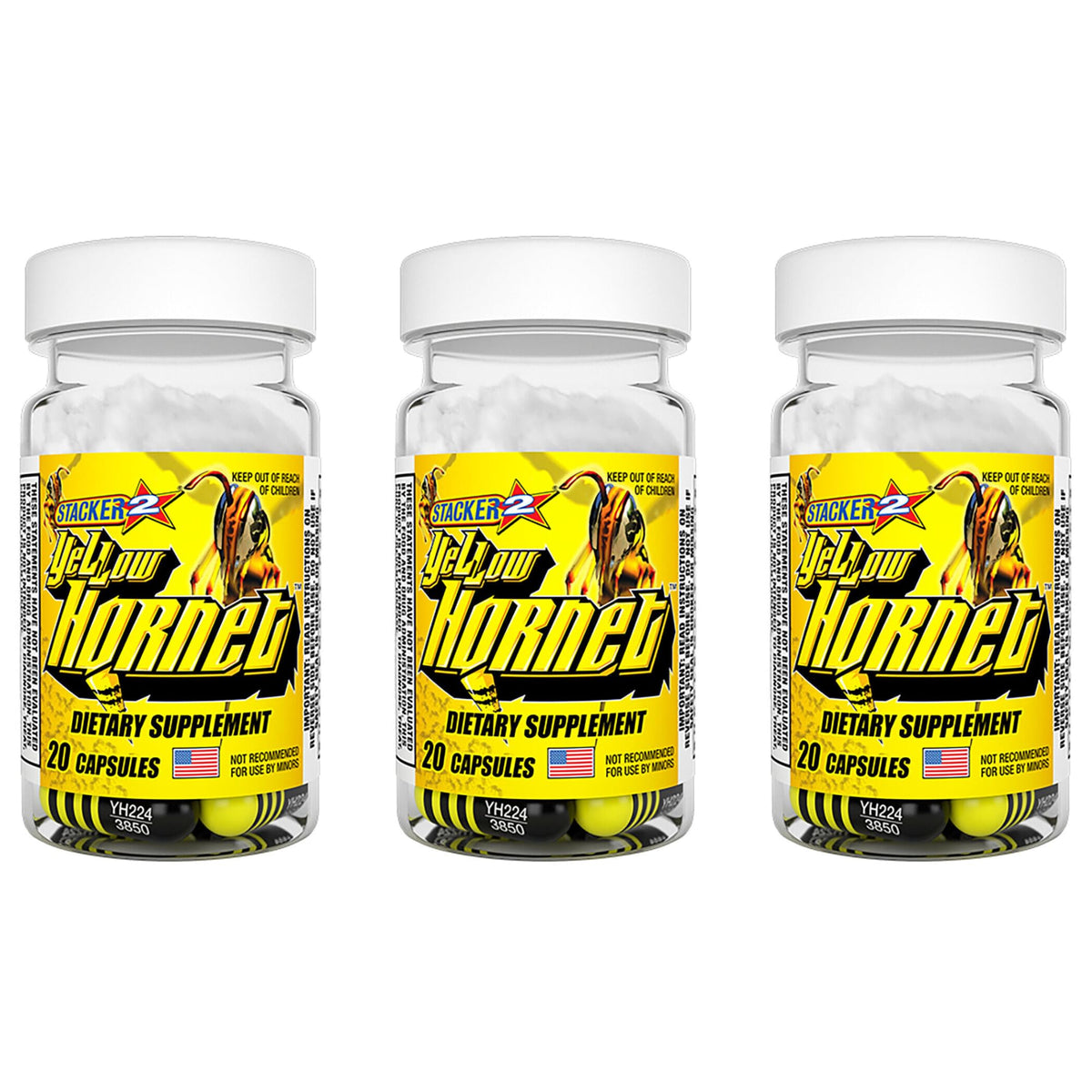 STACKER 2 Yellow Hornet 3×20-count bottles pack for convenient on-the-go energy.