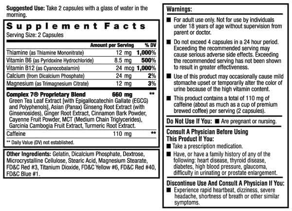 Dexatrim Max Complex-7 bottle back with ingredients and usage notes