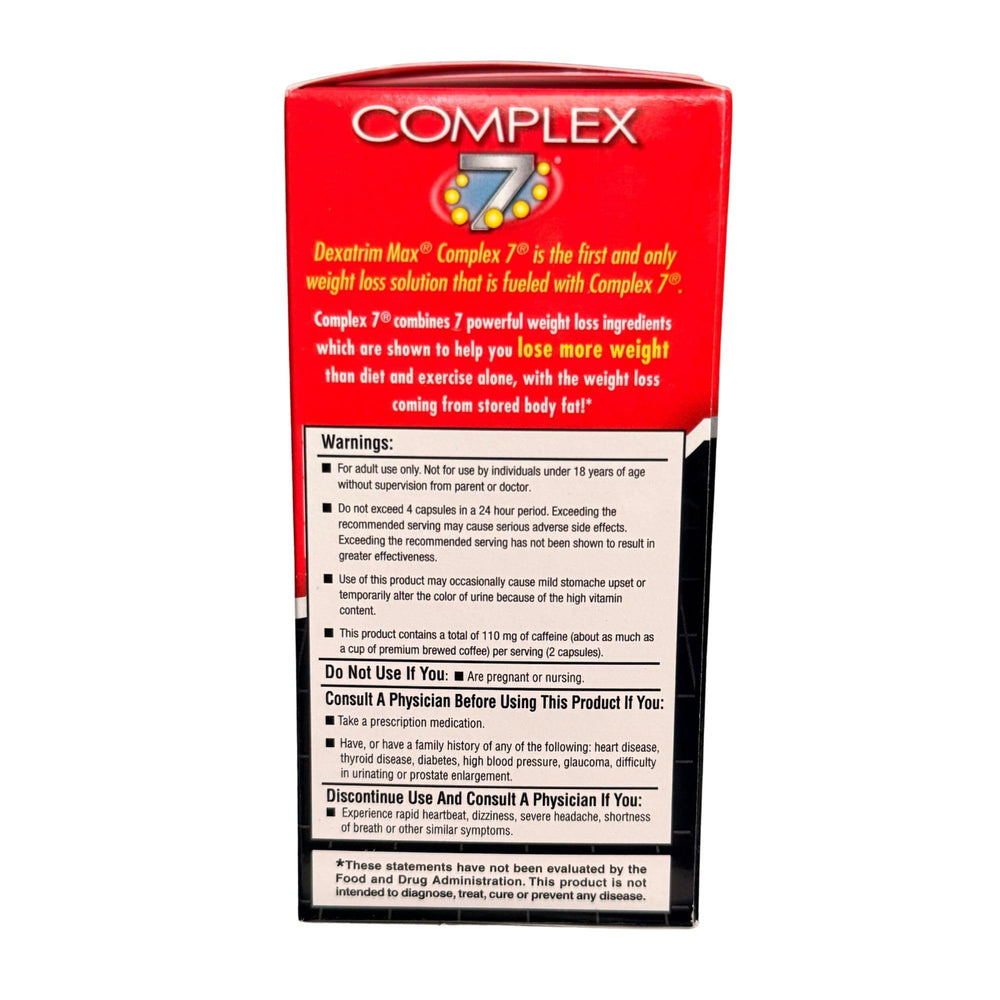 Dexatrim Max Complex-7 label detail mentions caffeine and vitamin B