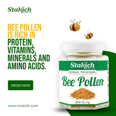 Stakich Bee Pollen closeup shows textured granules for supplement use
